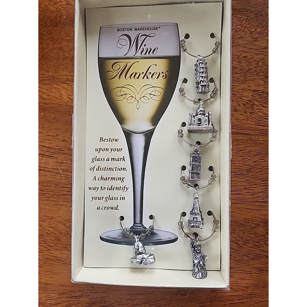 Boston Warehouse World Landmark Wine Glass Charms Markers Set of 6 New in Box